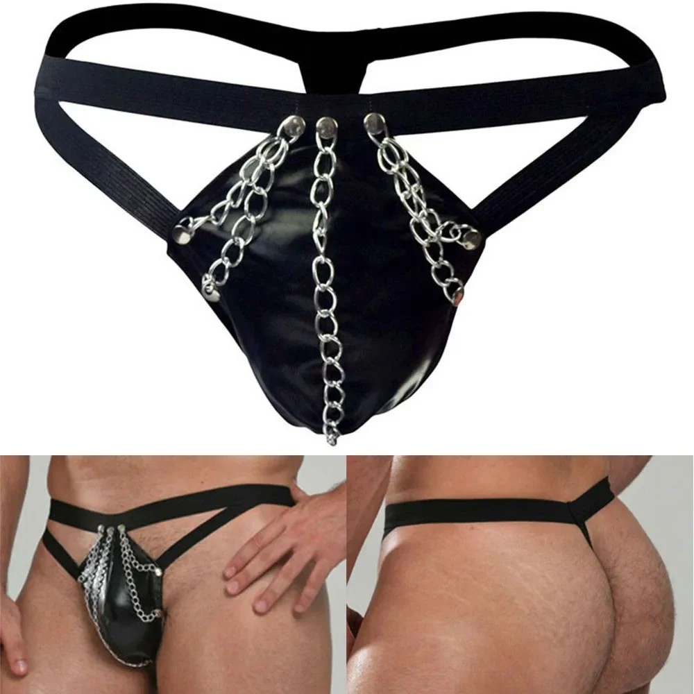 Hot New Briefs Underpants Underwear T-Back Thong Black Bulge Pouch Faux Leather G-String Men\'s One Size Panties