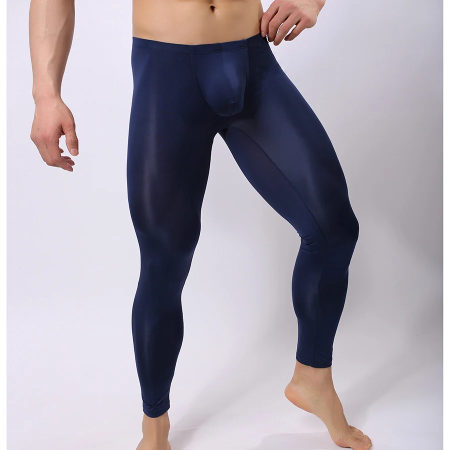 Men's Sexy Sheer Long Johns Pants U Convex Pouch Trousers Thermal Underwear Thin Autumn Nightwear Leggings Transparent Homewear