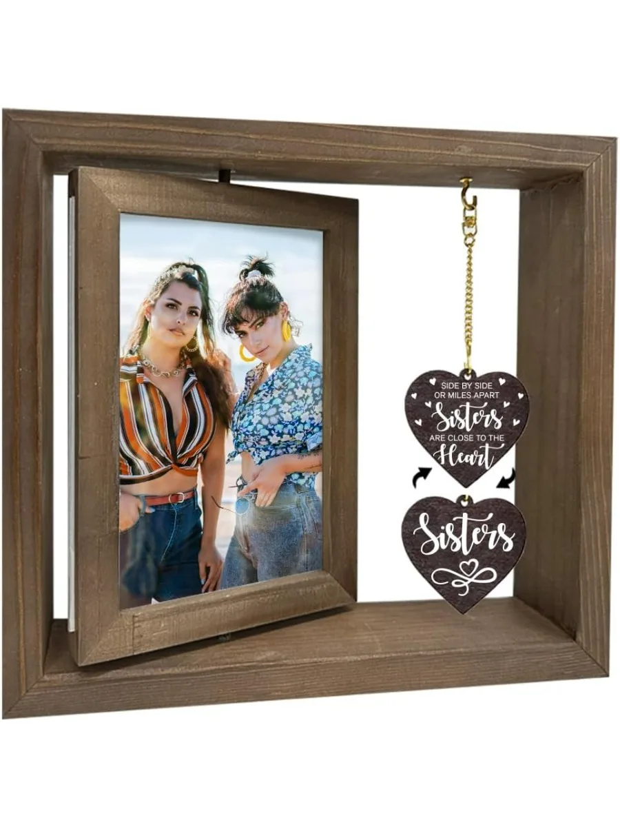 1 Pc Wood Rotating Picture Frame Dark Brown Sisters Are Close to Heart Photo Frame with Heart Charms Double Sided Memorial