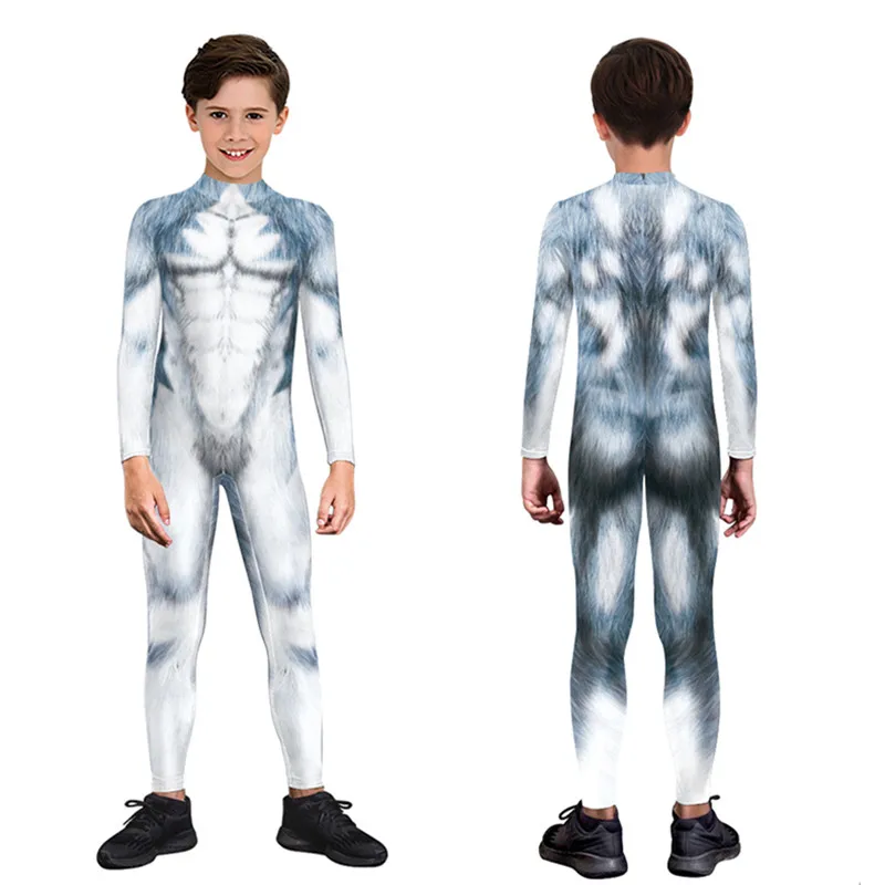 Kids Jongens Meisjes Cosplay Kostuum Zentai Jumpsuit Outfit Hobnob Party Rollenspel Jurk Up Bodysuit Wolf Skin Print Sexy Jumpsuits