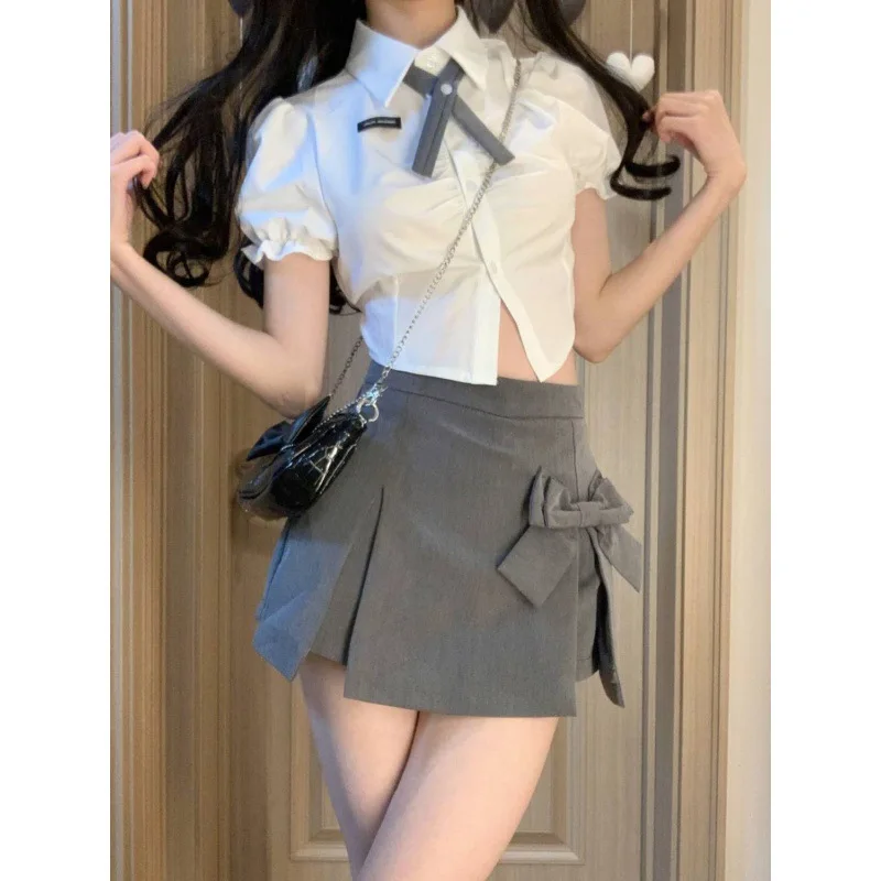 Pure Desire Style Short Bubble Sleeve Shirt Set Women's Summer High Waist Bow Wrapped Hip Half Skirt Hot Girl Short Sleeve Top