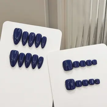 手工製作手腳指甲套裝,按壓式指甲,深藍色純色假指甲,10片裝,方形杏仁形,時尚假指甲藝術 8 最佳銷售 深藍色指甲 - №5