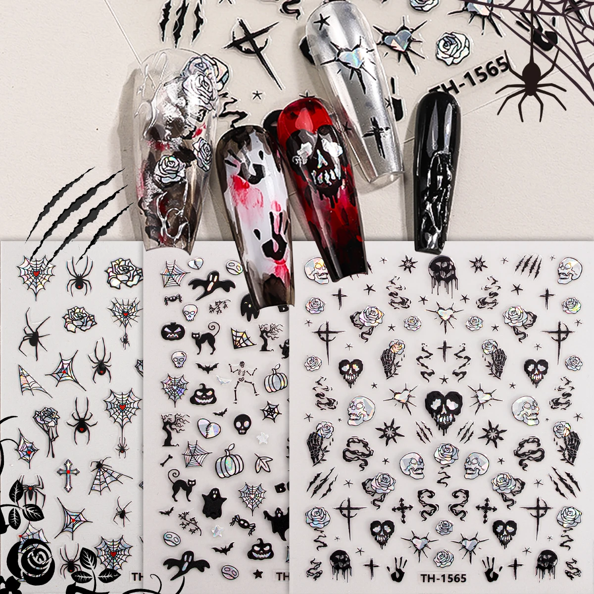 3 قطعة هالوين مسمار الفن ملصقات ثلاثية الأبعاد الهيكل العظمي العنكبوت شبح ارتفع ذاتية اللصق مسمار ملصق مانيكير لتقوم بها بنفسك مسمار الديكور ملصق مائي
