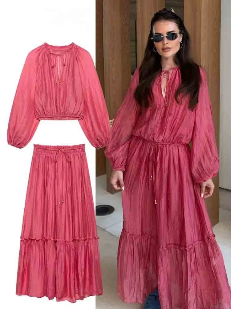 

Red Folds Shirt For Women Casual Loose V-neck Lace Up Long Sleeves Short Blouse 2025 New Summer Office Lady Fashion Solid Shirts