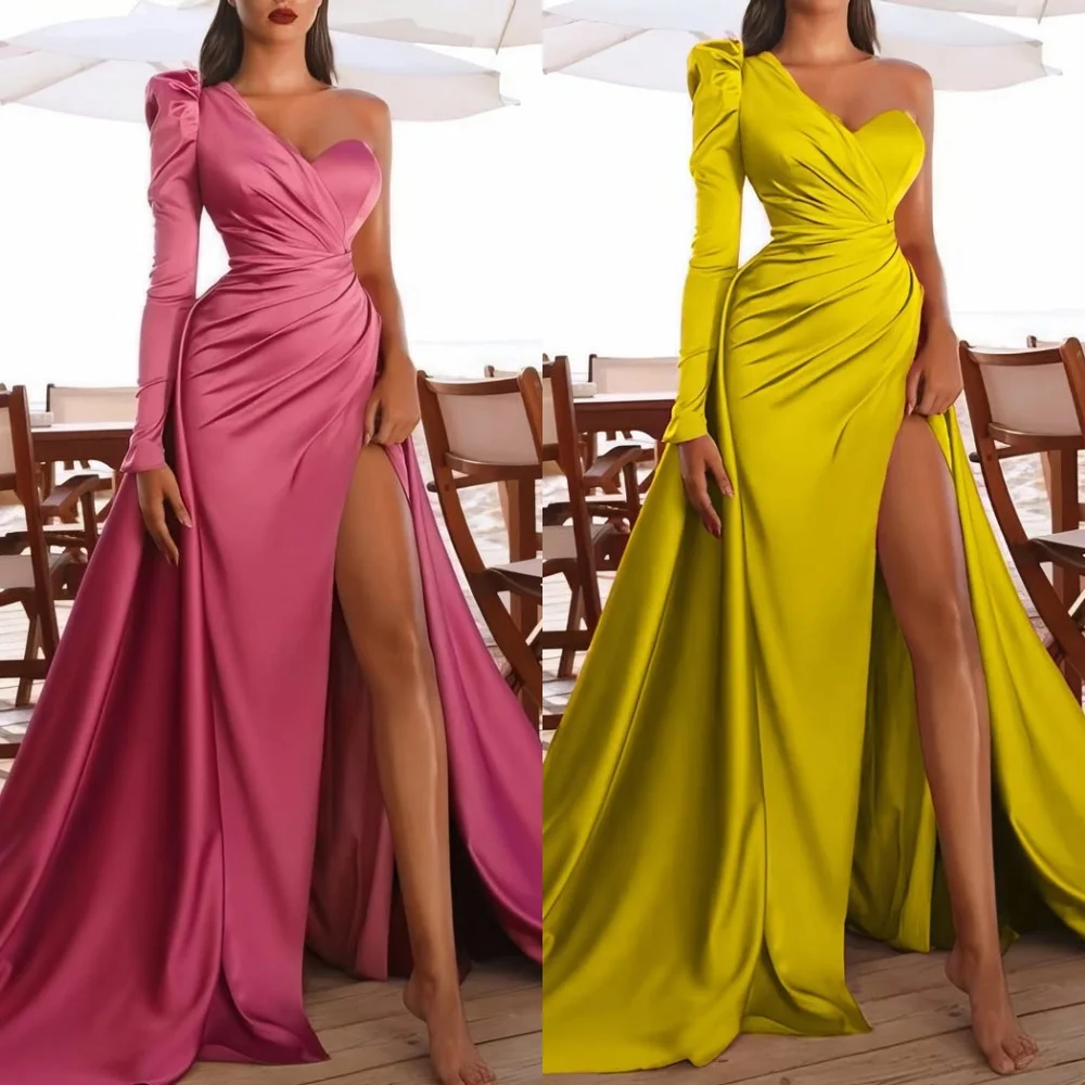 

Customized High Quality Fashion Charmeuse Ruched Mermaid One-shoulder Long Dresses Bespoke Occasion Dresses Sizes Available Sexy