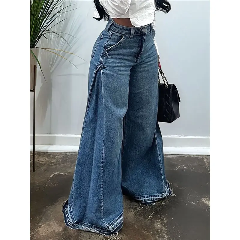 Damskie spodnie jeansowe typu bell bottom, z wysokim stanem, elastyczne, z szerokimi nogawkami, luźne, rozszerzane, plisowane, w stylu vintage, casualowe, z denimu.