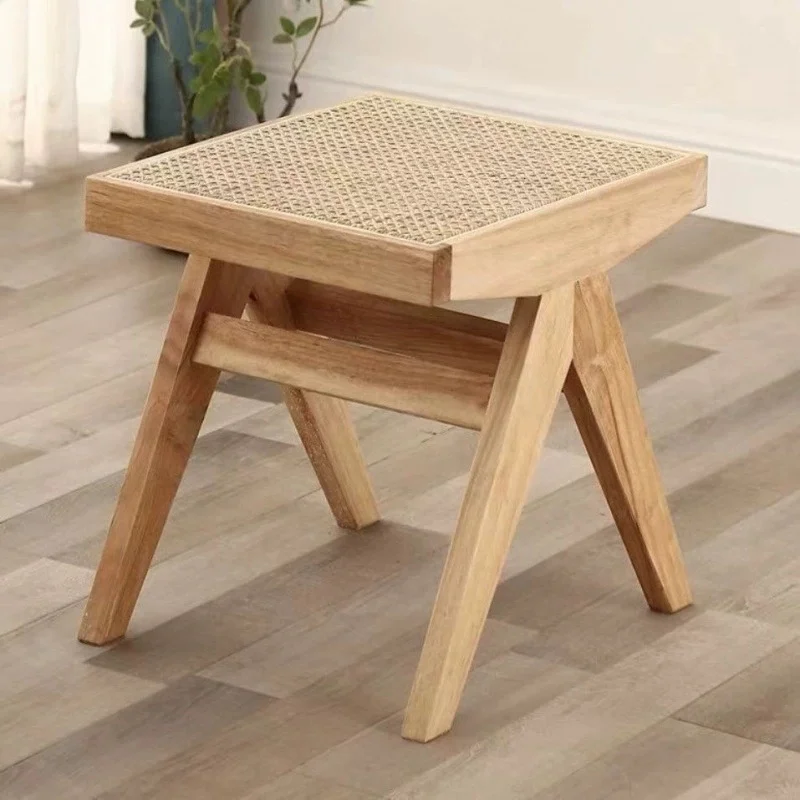 -ee Nordic Modern Durable Black Brown Square Small Natural Wood Rattan Seat Living Room Stool Shop Bench