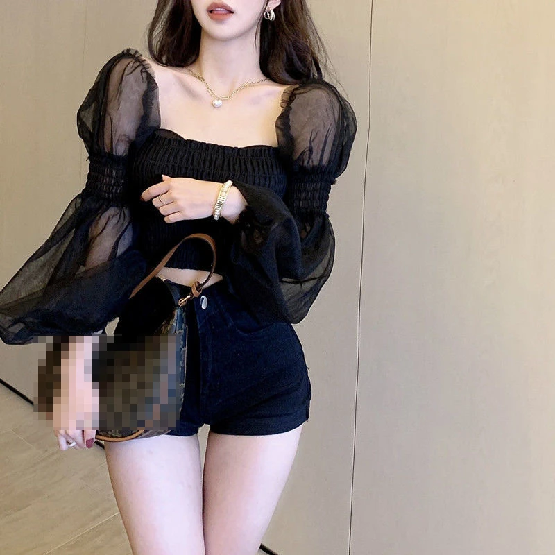 Lantern Sleeve Blouses Women Folds Patchwork Fashion Slash Neck Sexy Tender Korean Style Streetwear Cropped Princess Summer Chic