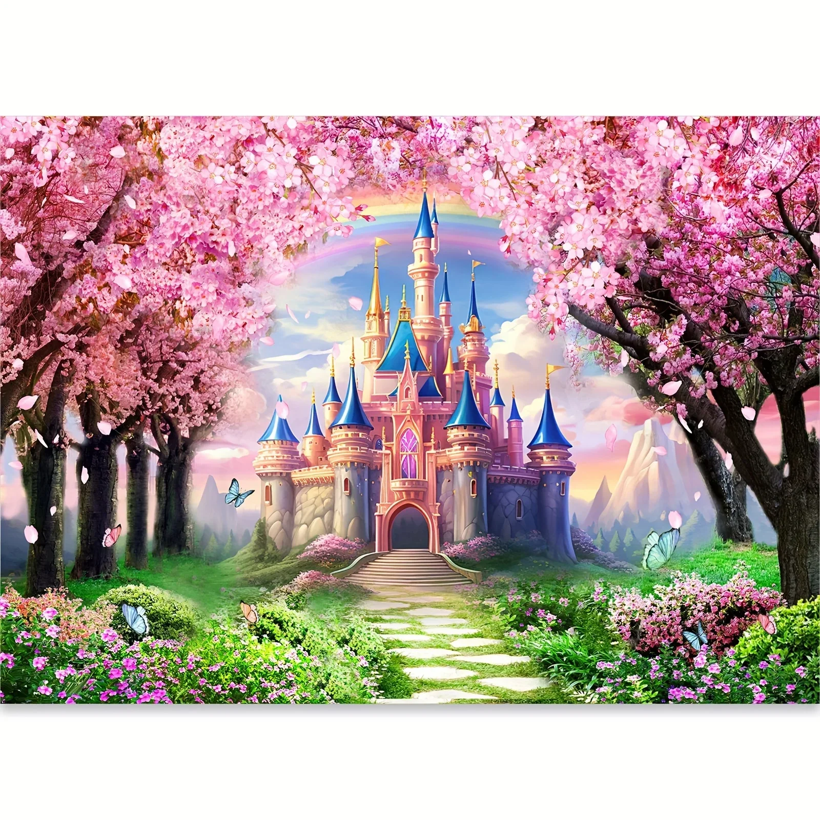 Charming fairy tale castle background with pink cherry blossoms and rainbow - perfect for wedding, princess party photography