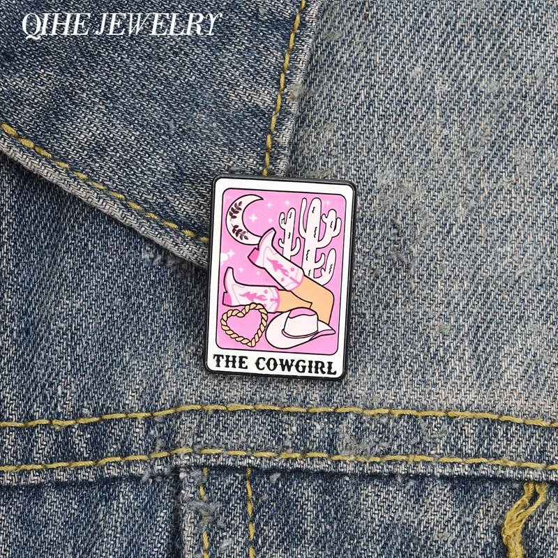 The Cowgirl Tarot Cards Enamel Pin Vintage Trendy Pink Boots Cactus Moon Cowgirl Hat Brooch Backpck Clothes Badge Jewelry Gifts