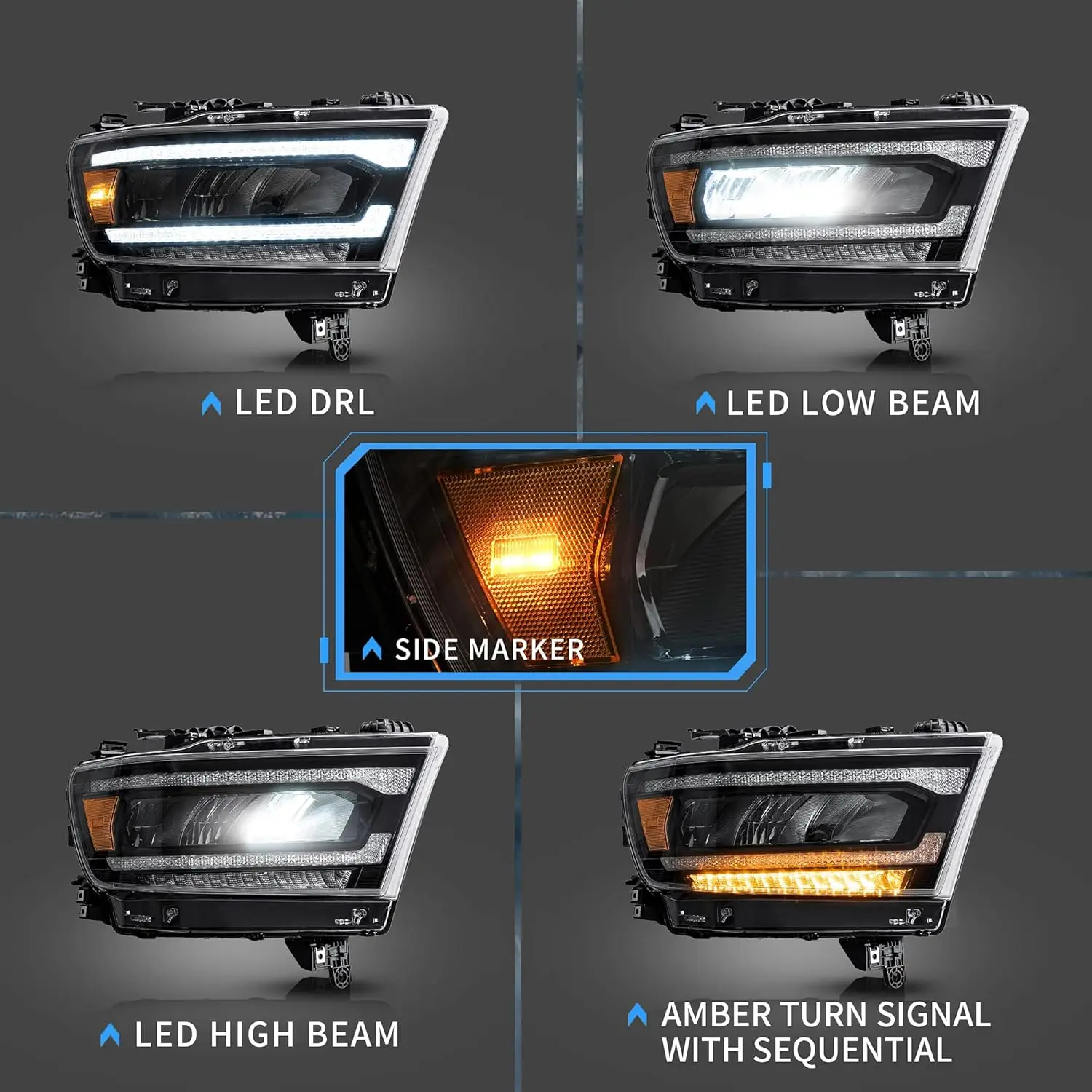 Led Headlights Compatible with 2019-2022 Dodge Ram 1500 Tradesman& HFE, Bighorn, Laramie, Rebel(NOT FIT Classic & TRX) w/R