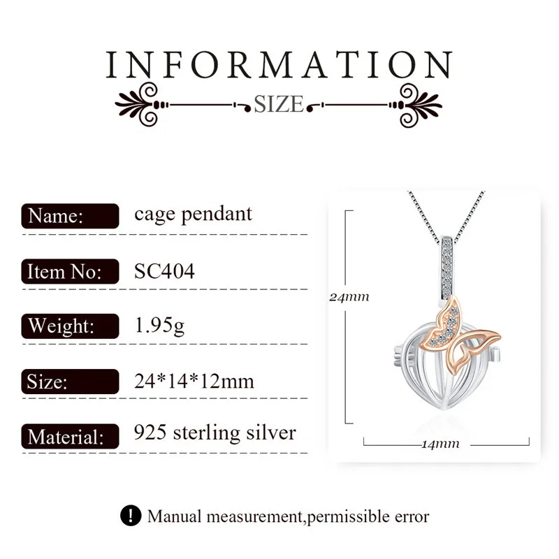 CLUCI 925 Sterling Silver Rose Gold Zircon Fancy Butterfly Pearl Cage Pendant Women DIY Love Heart Charms Locket SC404SB