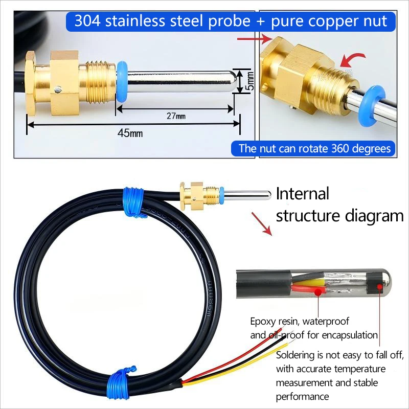 Ultrasonic heat meter temperature sensor NTC10K thermistor waterproof probe copper nut