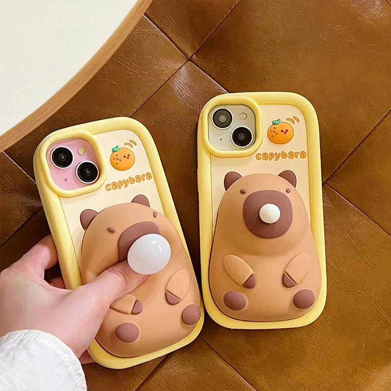 3D Cute Capibara Blowing Bubble Decompression Phone Case For iPhone 15 14 13 12 11 Pro Max Shockproof Soft Silicone shell Funny