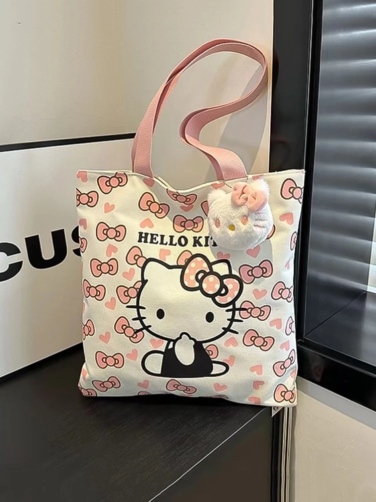 Hello Kitty Cat Cartoon Canvas Bag Female Student Handbag Large Capacity Single Shoulder Tote Bag Handbag Fun Companion Gift