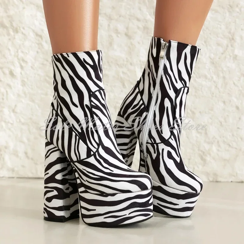 

Women's Zebra Print Chunky Platform Ankle Boots Black White Faux Leather High Heel Pumps Autumn Fashion Casual Modern Boots