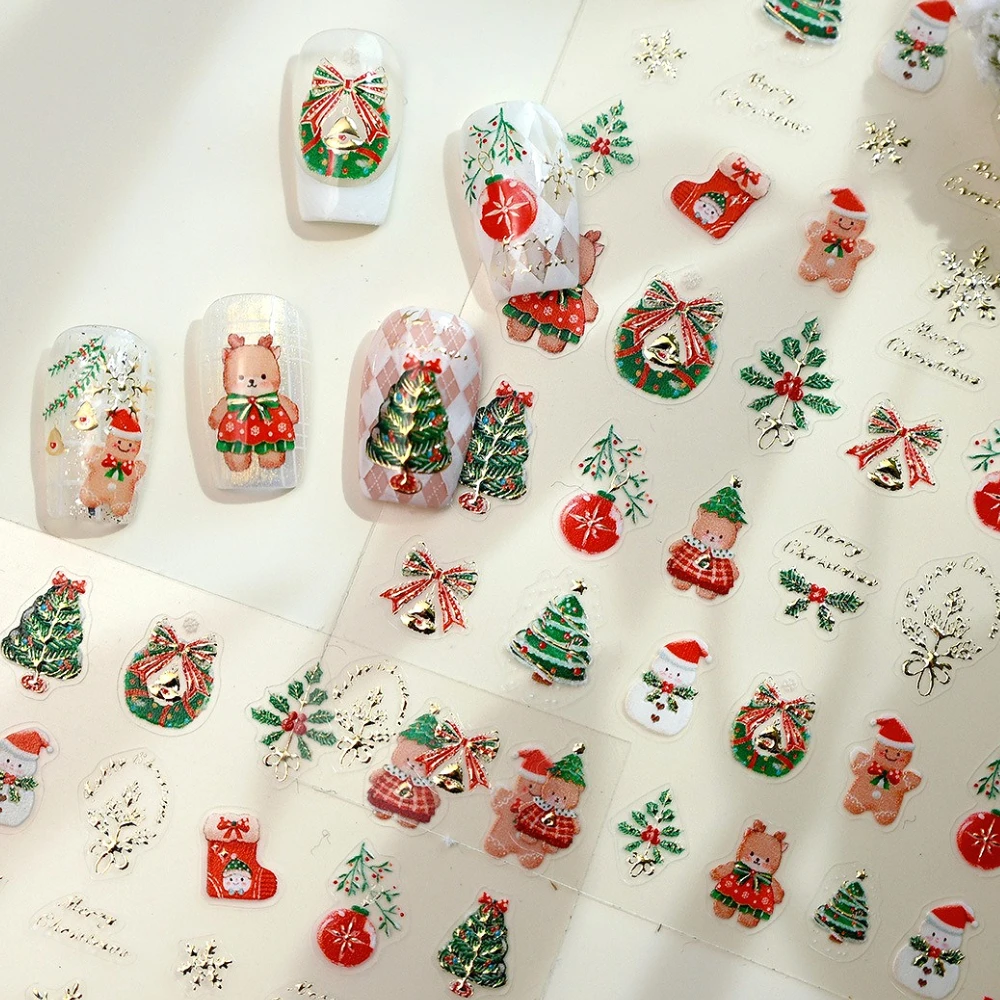 

Lovely Cartoon Elk Snowman Gingerbread Christmas Tree Stocking Snowflake Bowknot Bell 3D Nail Art Stickers Xmas Manicure Decals