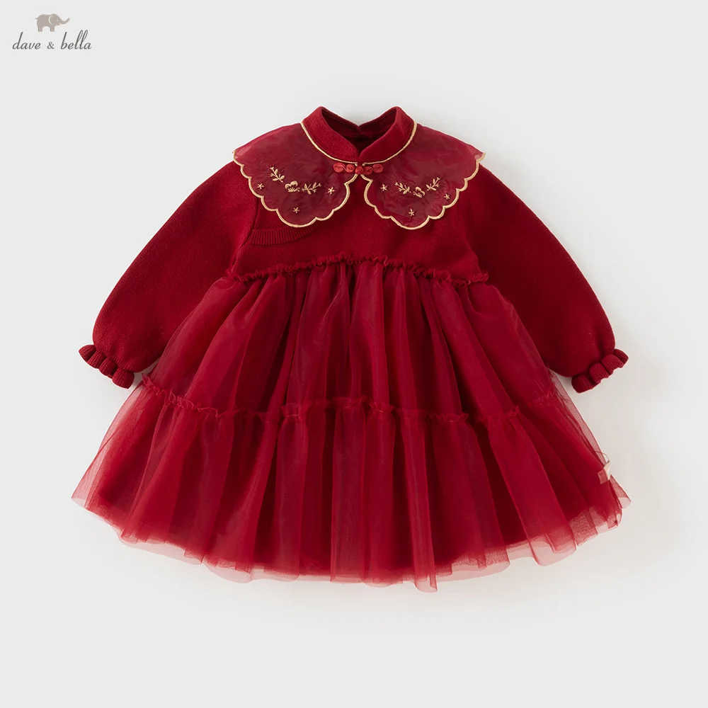 Dave Bella Girls Sweater Dress Autumn Winter Long Sleeves Baby Kids Cotton Plush Skirt Red Outerwear Children Clothing DB4254354