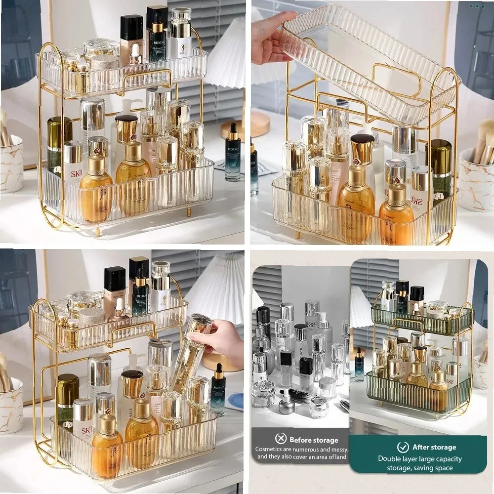 

Double Layer Bathroom Organizer Shelf for Makeup & Skincare, Luxury Cosmetic Storage Rack for Lipstick Perfume Holder