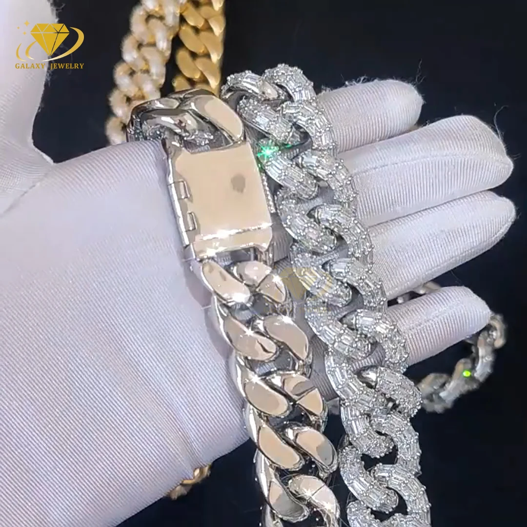 Hip Hop Mens Jewelry Iced Out Baguette Moissanite 20mm Cuban Link Chain 925 Silver Vvs Diamond Miami Cuban Necklace