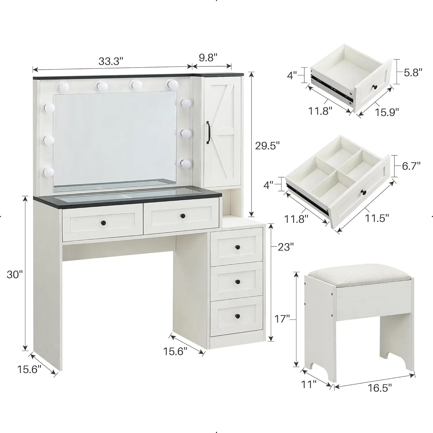 JXQTLINGMU Farmhouse Vanity Makeup Desk with Charging Station, 43" W Vanity Desk with Lights Mirror and Drawers for Makeup,