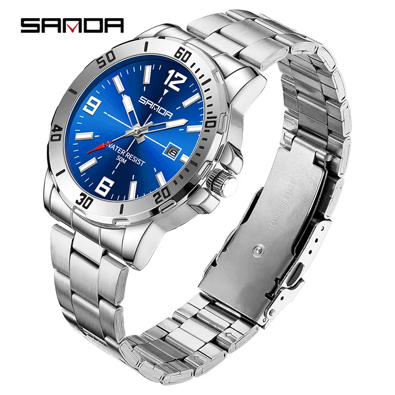 SANDA 3265 Reloj de cuarzo para hombre Reloj de pulsera con calendario y banda impermeable con luz nocturna y esfera grande simple y moderno