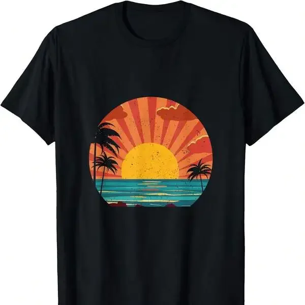 Retro Sunset Rays Wavy Palm Trees Beach Summer Vacation T-Shirt Camisetas