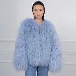Natural Sheepskin Fur Coat Women's Jackets Light Blue Mongolian Lamb Collarless Jacket Short Winter Clothes For Women Trending