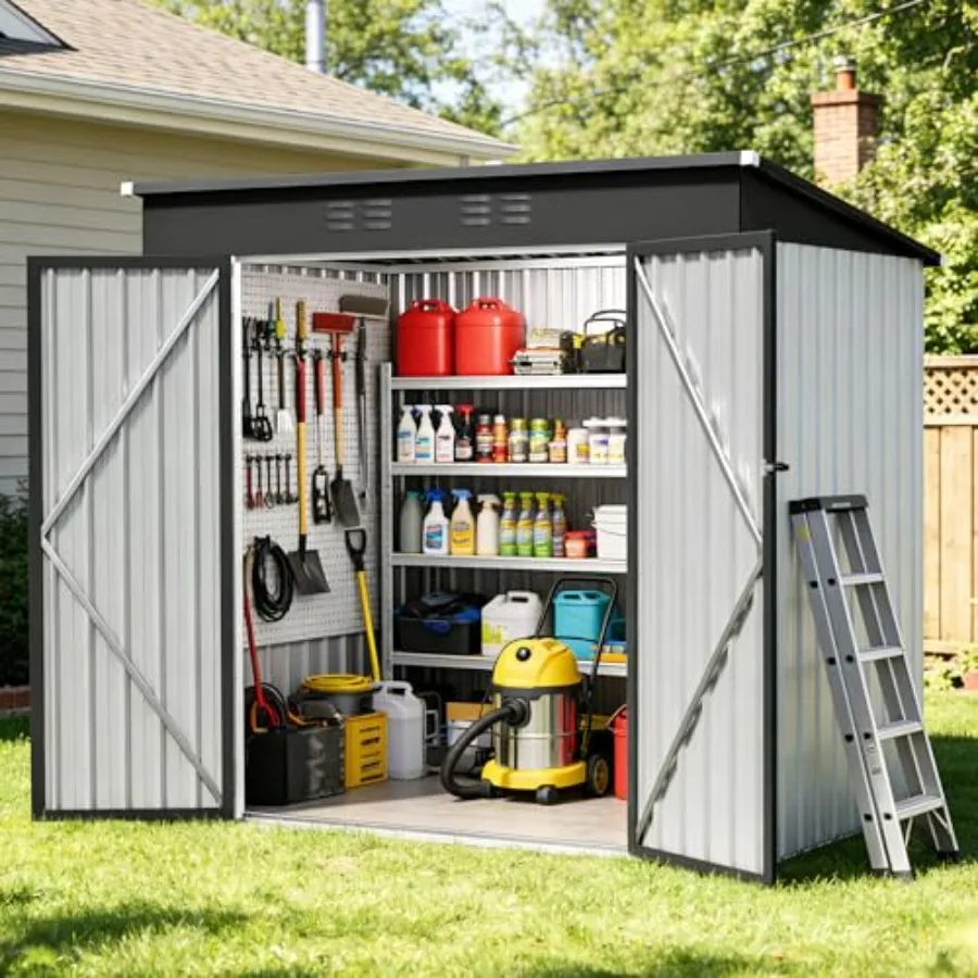 Backyard garden patio lawn storage shed: 6 x 4 FT metal outdoor shed with sloping roof, lockable door, white color, rust-resist