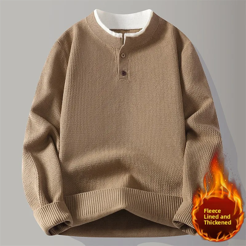 

Мужской свитер с воротником Хенли из флиса в стиле ретро, повседневная вязаная одежда, осенне-зимняя утепленная внутренняя рубашка из полиэфирного волокна