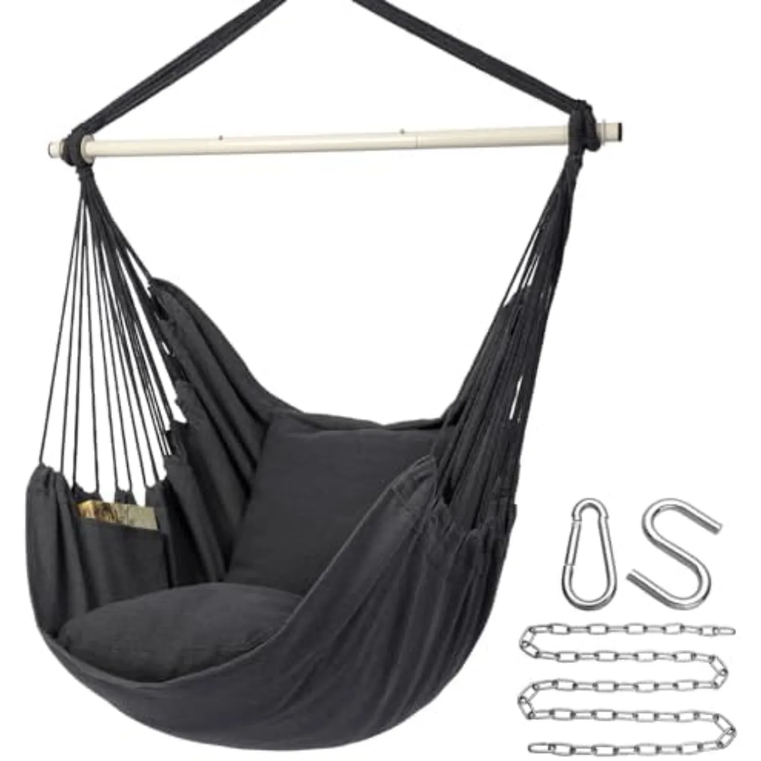 Hammock Chair Hanging Rope Swing Chair, Max 500 Lbs, 2 Seat Cushions Included, Removable Steel Spreader Bar with