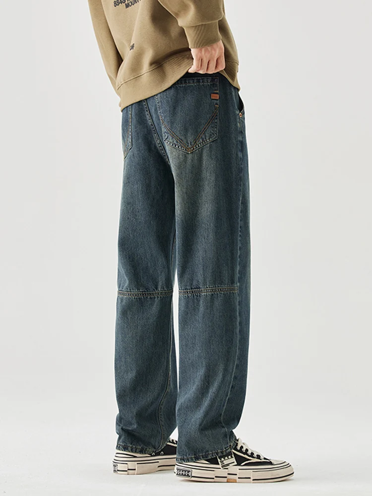 Stitching Men\'s Autumn Jeans Fashion Distressed High Street Youth Straight Trousers Casual Korean Wide Denim Pants Male