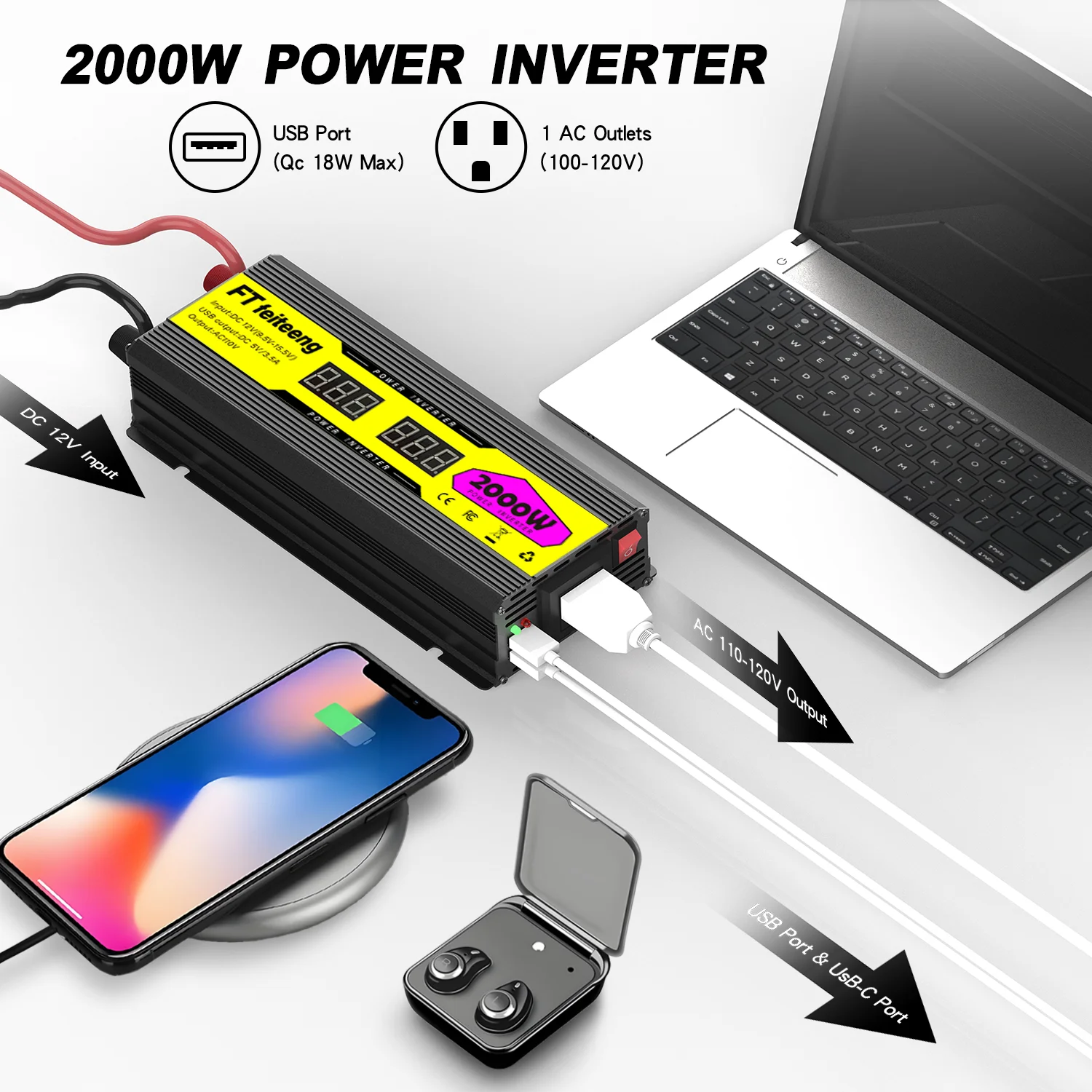 2000W 1000W 500W inverter, DC12V to AC110V, with American standard socket, suitable for fast charging of cars, trucks, RVs and o