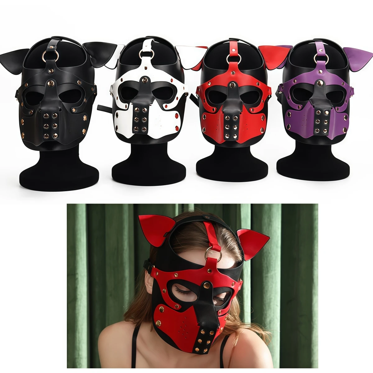 

Unisex Fetish RolePlay Sexy Costumes Leather Harness Dog Masks Headgear for Halloween Carnival Masquerade Party Cosplay Fun Prop