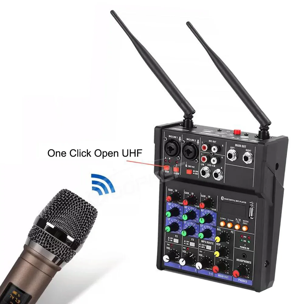 Woopker-Console Mixer Áudio com microfone sem fio, mistura de som, Bluetooth, entrada USB, DJ Mixer, 4 canais