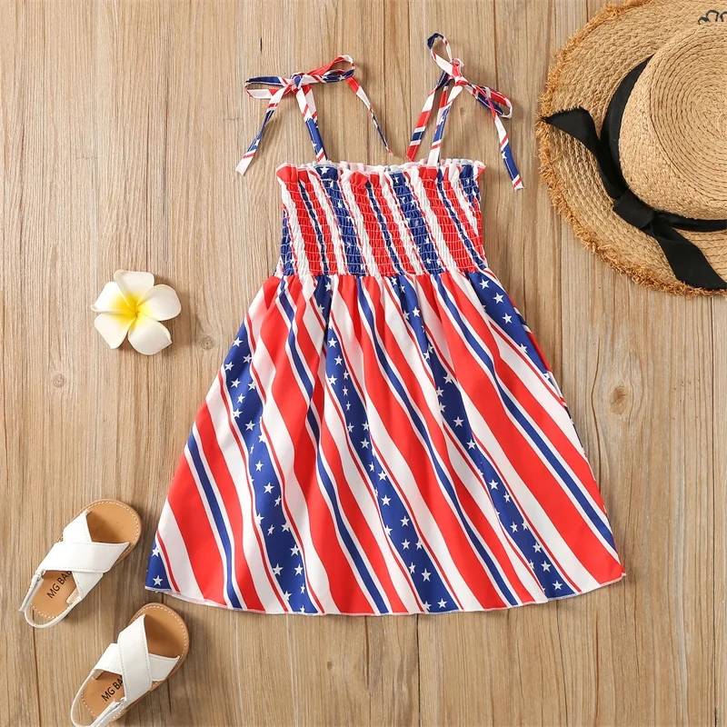 Independence Day American Flag Print Sleeveless Pleated Baby Toddler Kid Girl Sling Dress Patriotic Stars and Stripes Summer