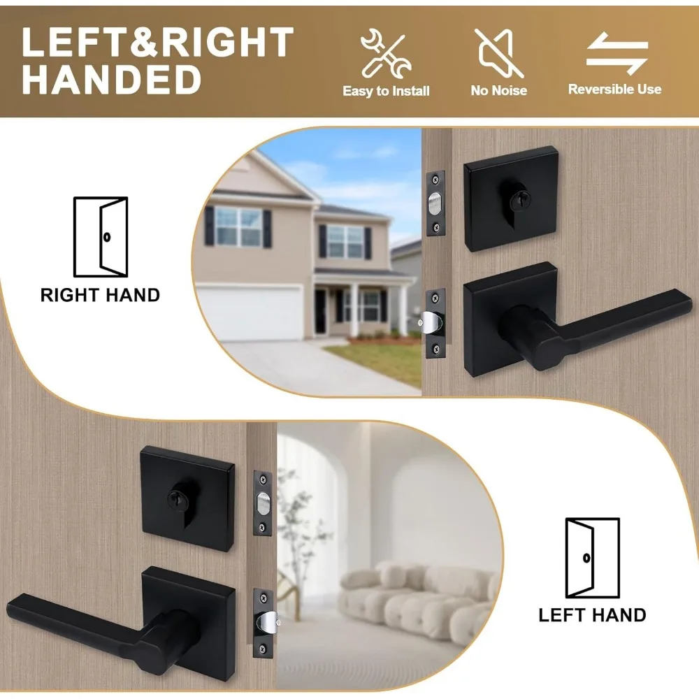 قفل ديدبولت بمفتاح مدخل خارجي أسود غير لامع عالي التحمل مع مقبض رافعة مرور، ميزة أمان تدوم طويلاً