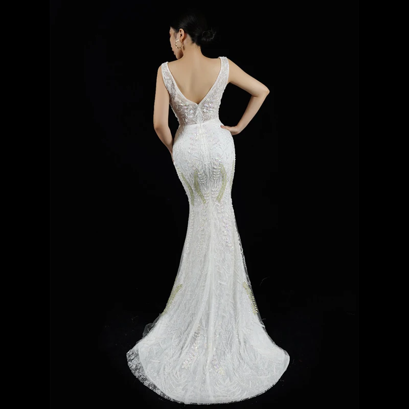 Luxuriöses Abendkleid für Damen, individuelle Größe, Pailletten-Perlen-Meerjungfrauenkleid mit Schleppe für Abschlussball, Party, Boutique A55