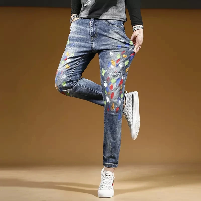 Fashion Graffiti Printed Ripped Blue Jeans Men Autumn Streetwear Slim Fit Straight Pants Casual Stretch Denim Trousers