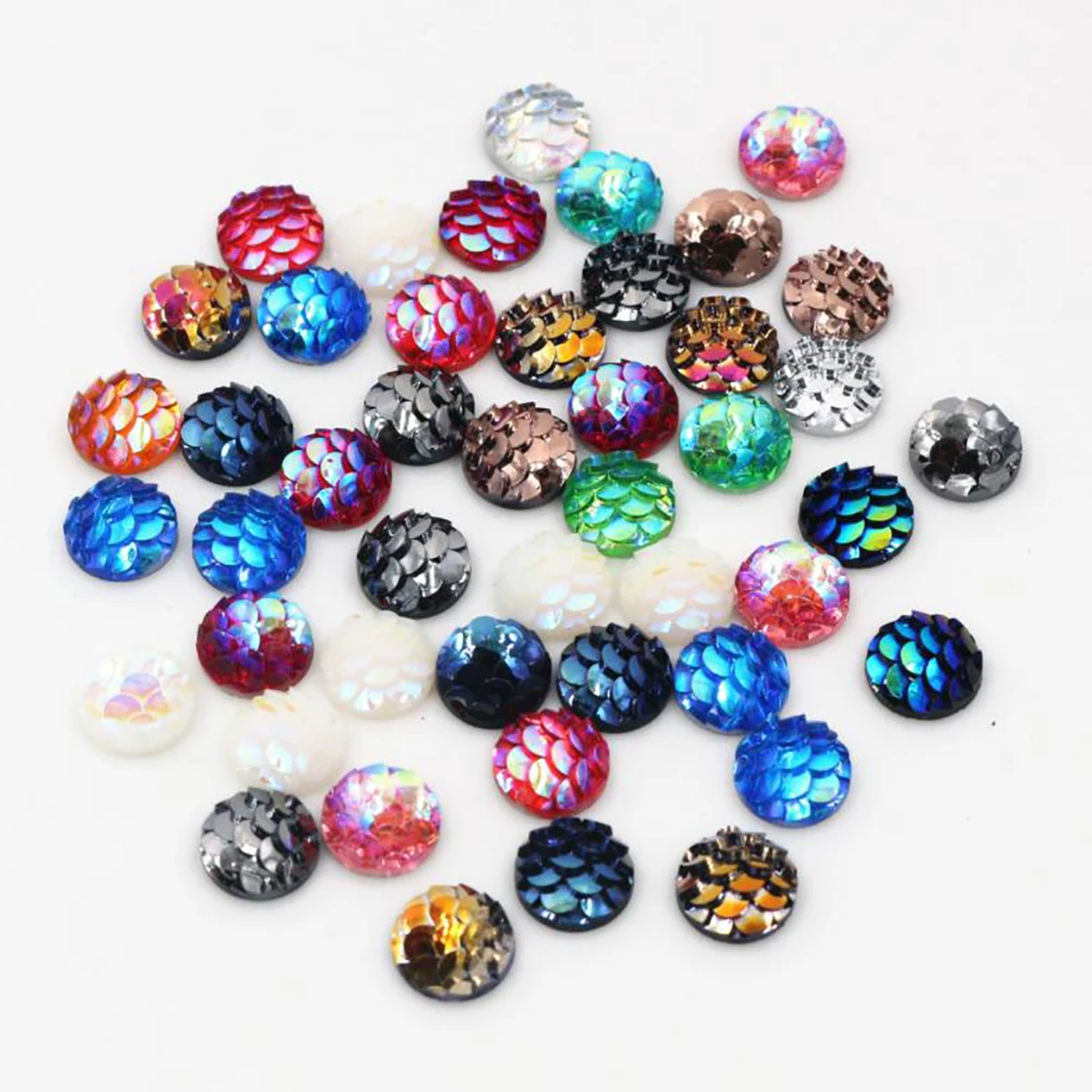 

New Fashion 40pcs/lot 8mm Mix Colors Fish scales Style Flat Back Resin Cabochons Cameo