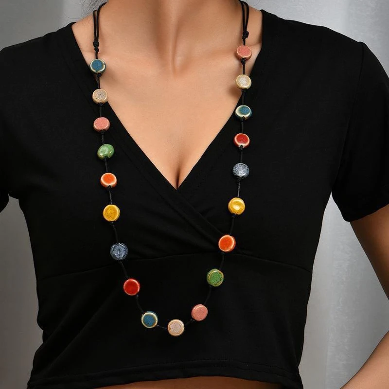1 pcs trendy womens multicolor ceramic beaded wax cord sweater chain retro design with inherent charm ceramic beads in rich