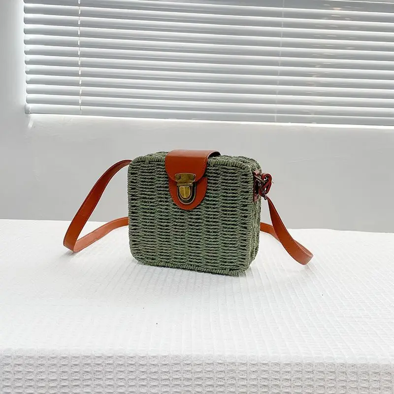 Khaki Beige Green Vintage Cottagecore Core Woven Box Women Summer Rattan Crossbody Shoulder Bag Beach Resort Handbag For Girls