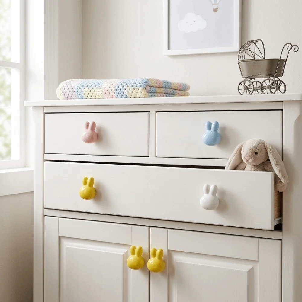 Single Hole Ceramic Drawer Knobs Rounded Soft Edges Solid Metal Thread Cartoon Furniture Handles Multiple Color Options