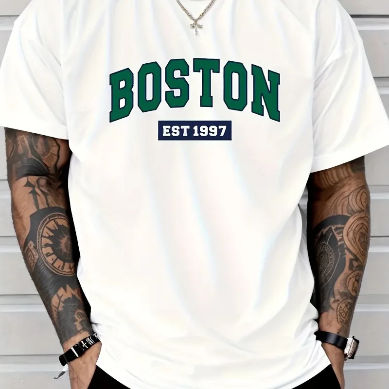 Boston EST1997 Retro Printed Men's New Cotton T-shirt Fashion Casual Loose Summer Cotton Couple Short Sleeve Large Size T-shirt