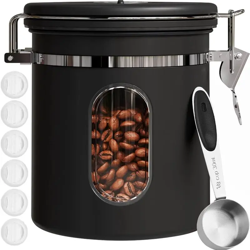 A01F-Coffee Canister With Window, Airtight 16Oz Stainless Steel Storage Container With Date Tracker And Scoop