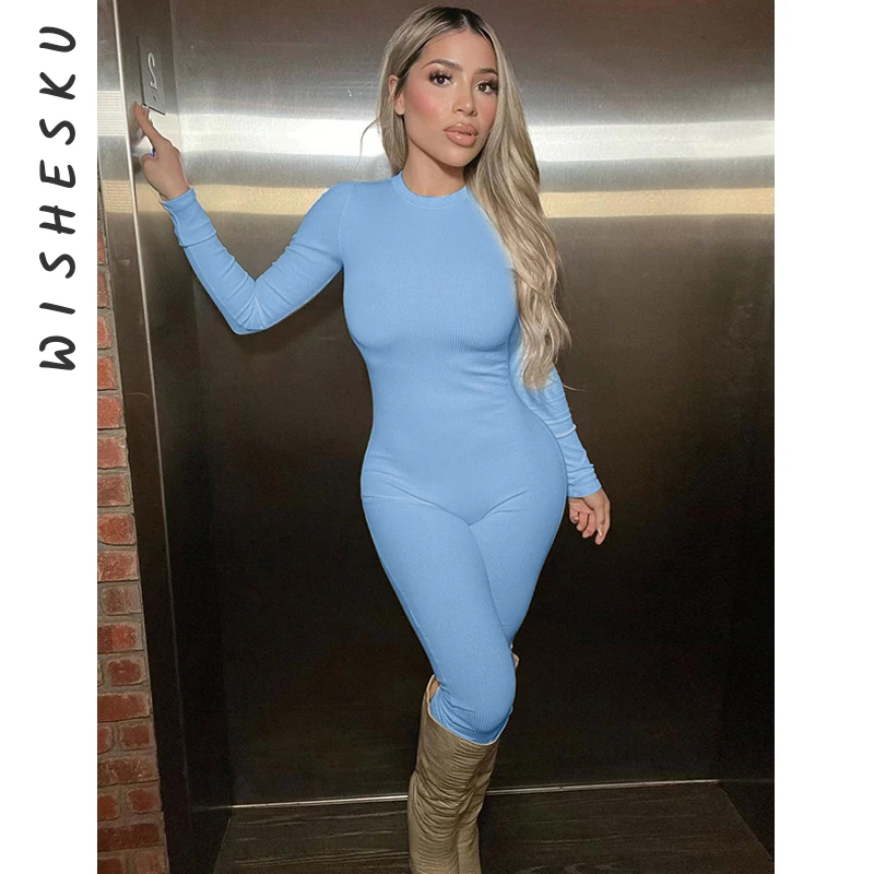 

Sexy Long Sleeve Bodycon Jumpsuit Women Blue One Piece Outfit Turtleneck White Black Rompers 2023 Spring Fall Sporty Clothes