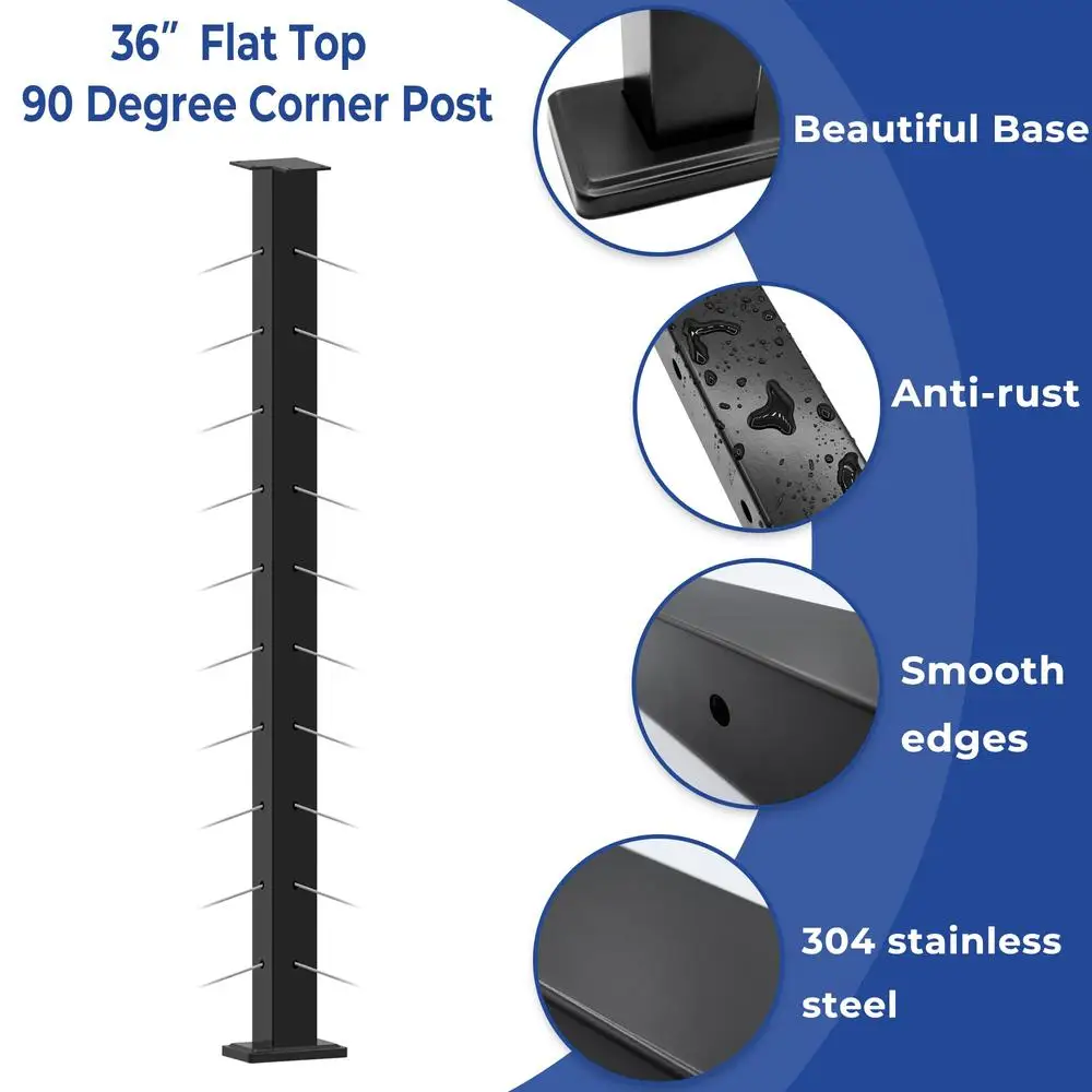 Stainless Steel Corner Post Cable Railing Kit 36" Fixed Top Mount 90° with Cable Grommets Kit Residential Project Solution