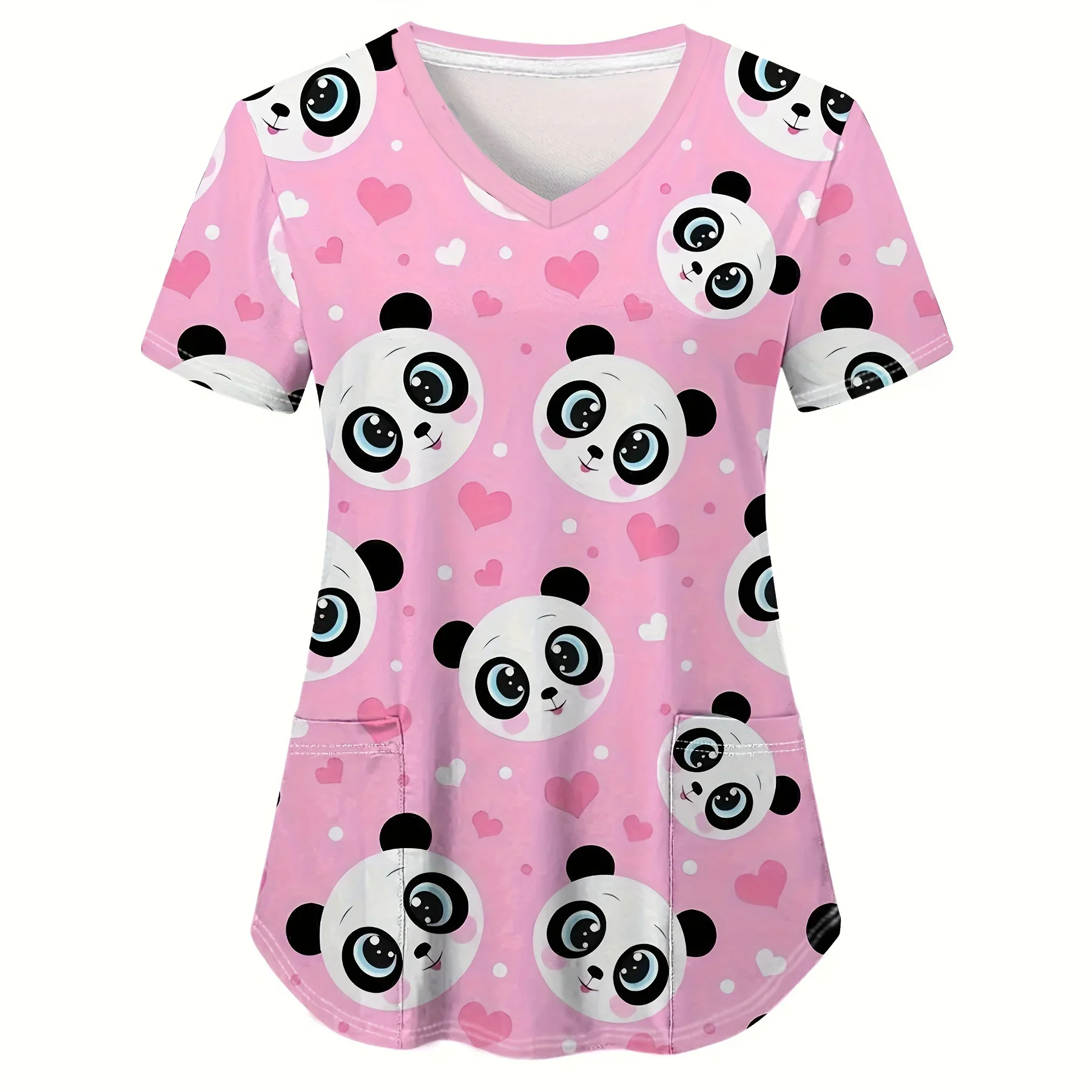 여성용 의료 유니폼 귀여운 팬더 만화 프린트 헬스케어 간호사 상의 V넥 반팔 포켓 티셔츠 임상 유니폼