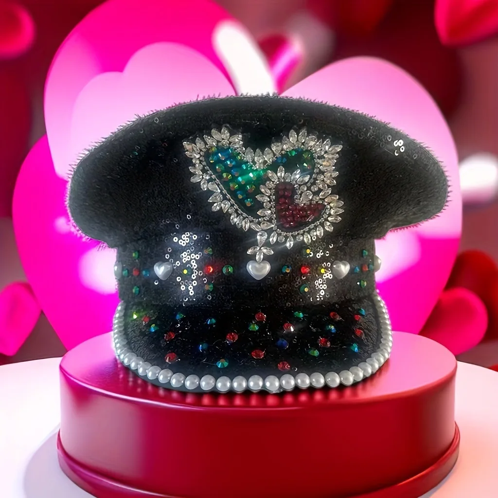 

Sequined heart-shaped top hat, big brimmed hat, men's and women's spring and summer performances, stage hats, diamond studded la