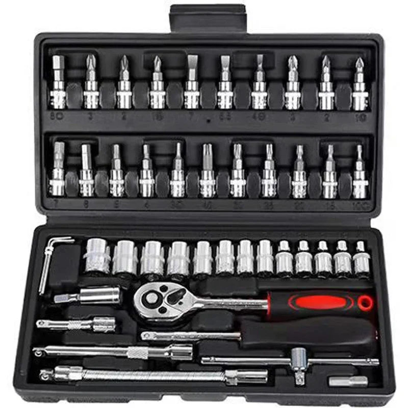 Kit de herramientas de reparación de automóviles, juego de enchufes, llave dinamométrica de trinquete, Combo, caja de herramientas, 46 piezas